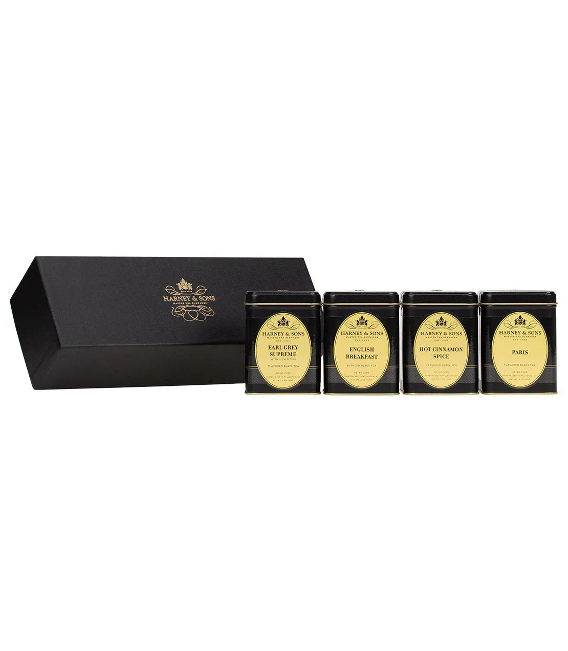 Harney & Sons tea sampler gift set with four black and gold loose leaf tea tins