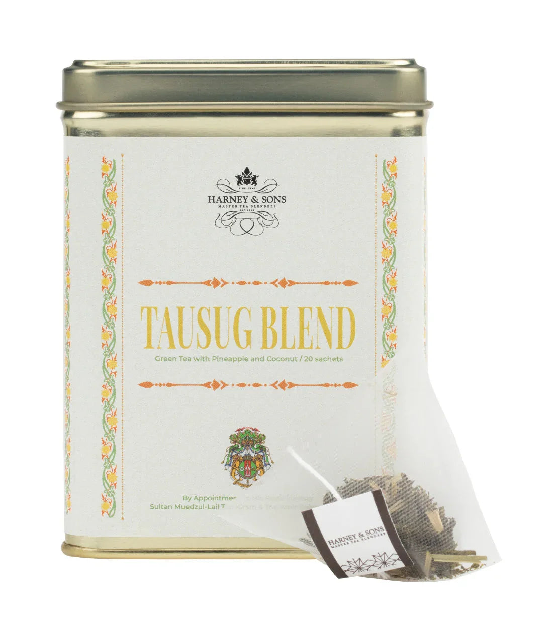Harney & Sons Tausug Blend green tea tin with pyramid sachet, pineapple and coconut flavor