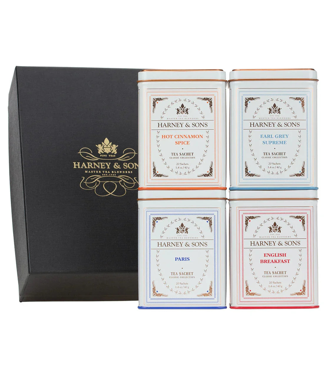 Harney & Sons tea gift box with four classic best sellers tea tins
