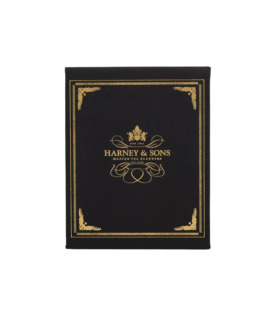 Harney & Sons black and gold luxury tea gift box with ornate design on white background