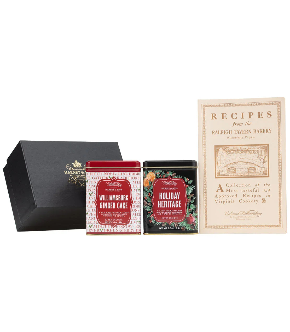 Williamsburg gift set with black box, ginger cake and holiday heritage tea tins, and recipe book