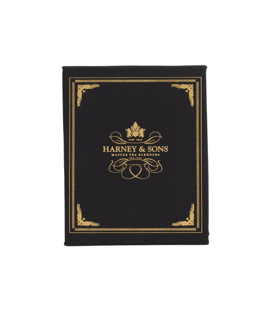 Harney & Sons black and gold tea sampler box, elegant packaging, gourmet tea gift