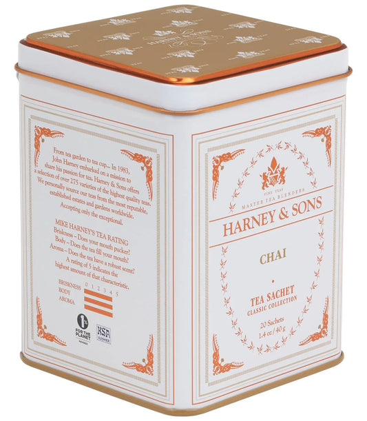 Harney & Sons Chai tea sachet tin, classic collection, white and gold packaging
