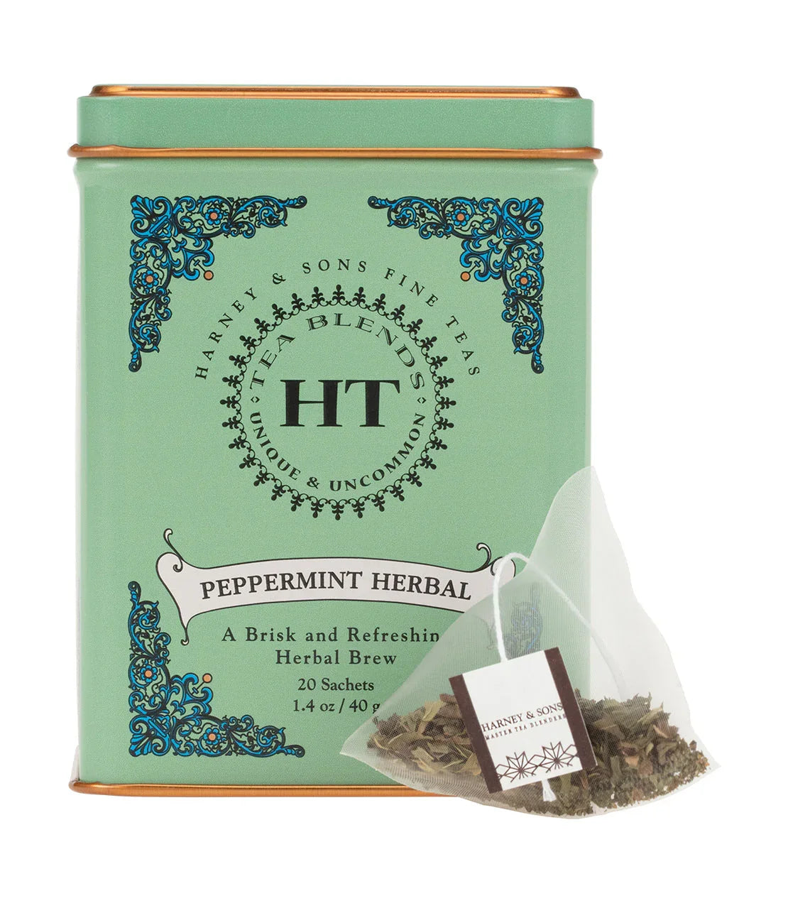 Harney & Sons Peppermint Herbal tea sachet tin, 20 count, green packaging with tea bag