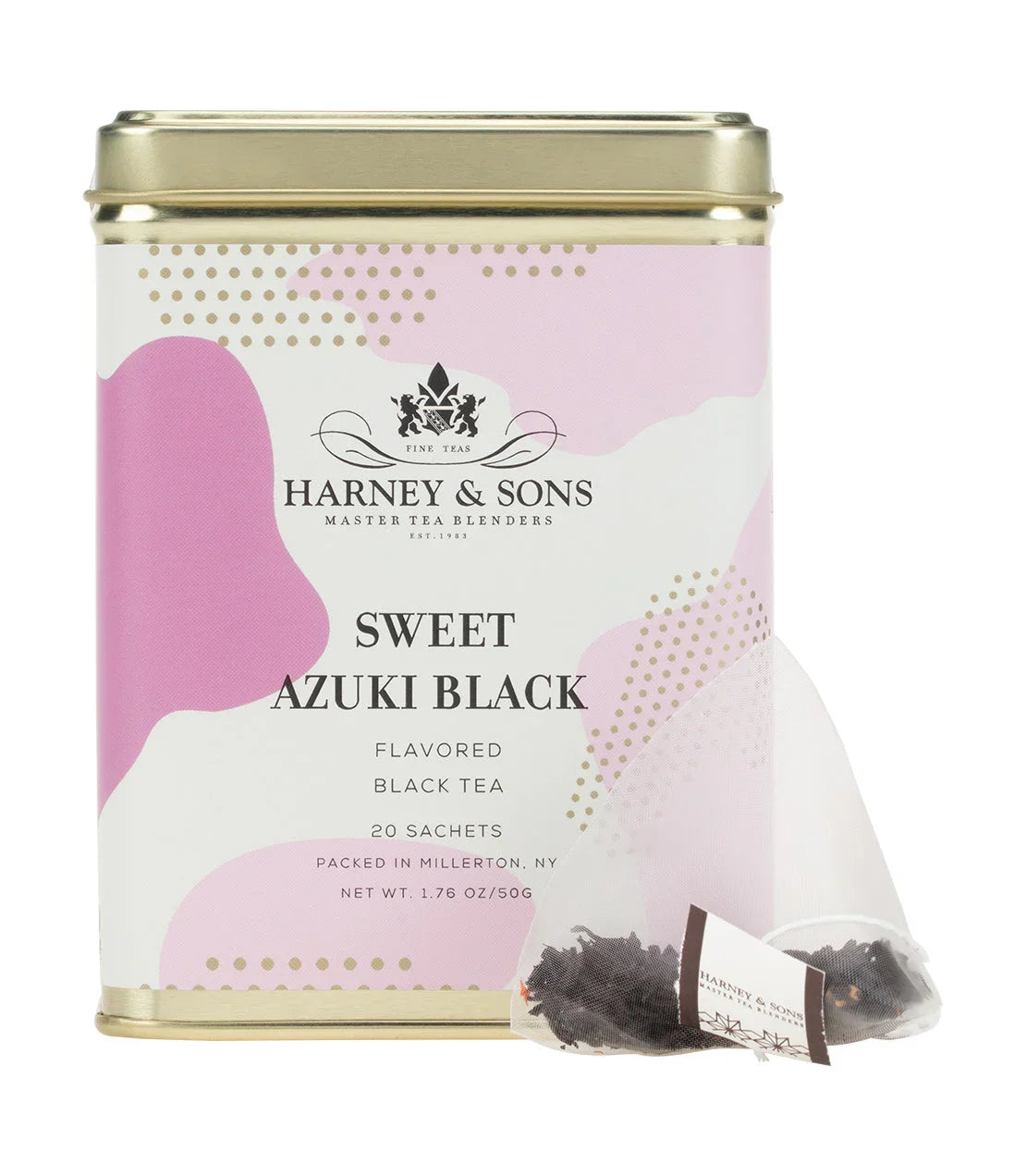 Harney & Sons Sweet Azuki Black tea tin with pink design and pyramid tea sachet
