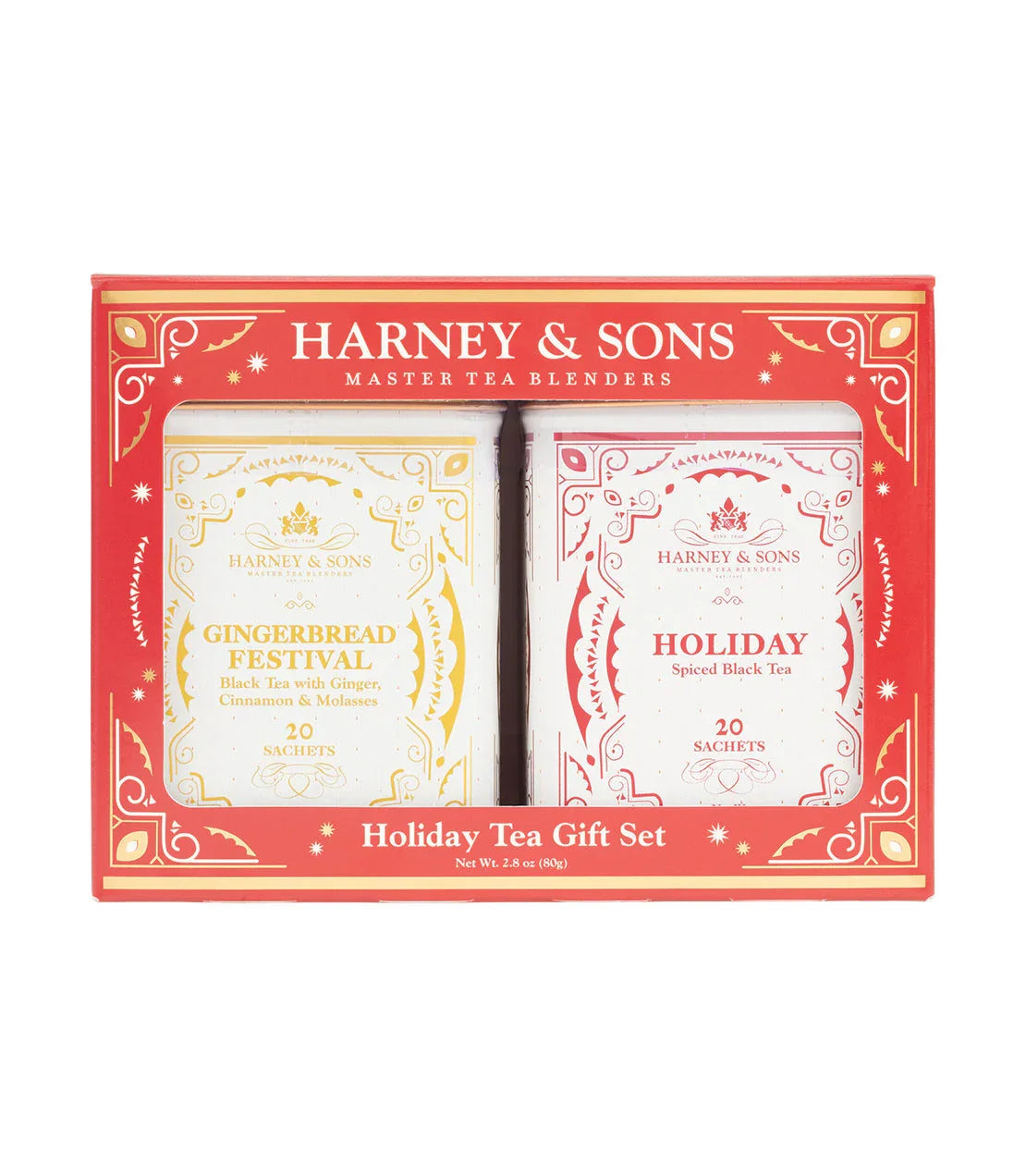 Harney & Sons Holiday Tea Gift Set with Gingerbread Festival and Holiday tea tins in red festive box