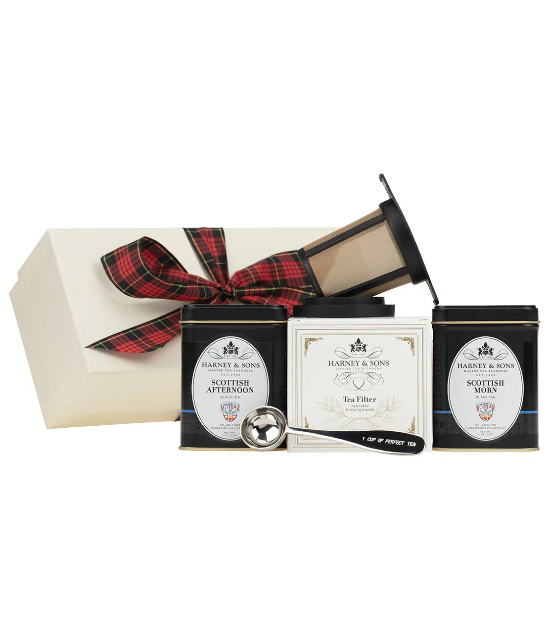 Scottish tea gift set with black tea tins, tea filter, scoop, and plaid ribbon gift box