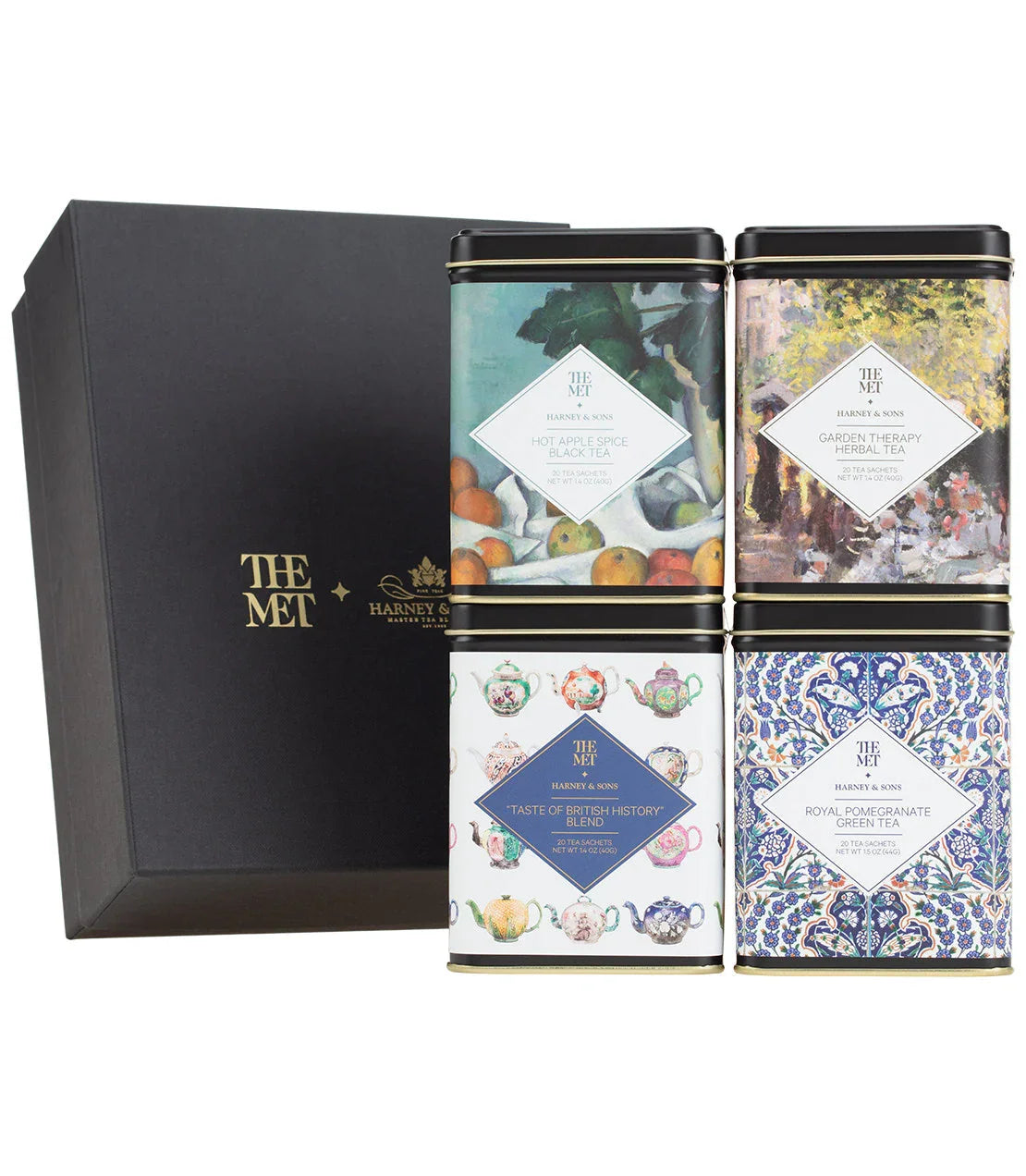 The Met x Harney & Sons tea gift set with four decorative tea tins and black gift box