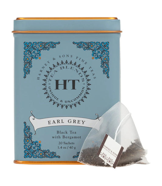 Harney & Sons Earl Grey tea tin with blue design and pyramid tea sachet, black tea with bergamot