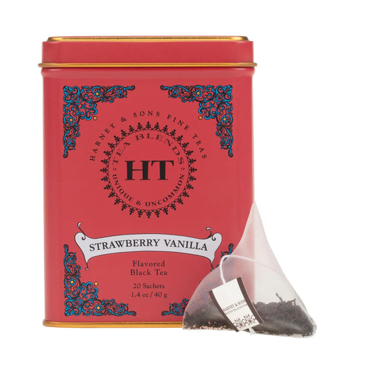 Harney & Sons Strawberry Vanilla black tea tin with pyramid tea sachet
