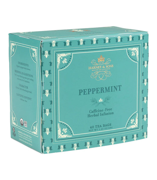 Harney & Sons Peppermint Herbal Tea 40 count box, teal packaging, caffeine-free