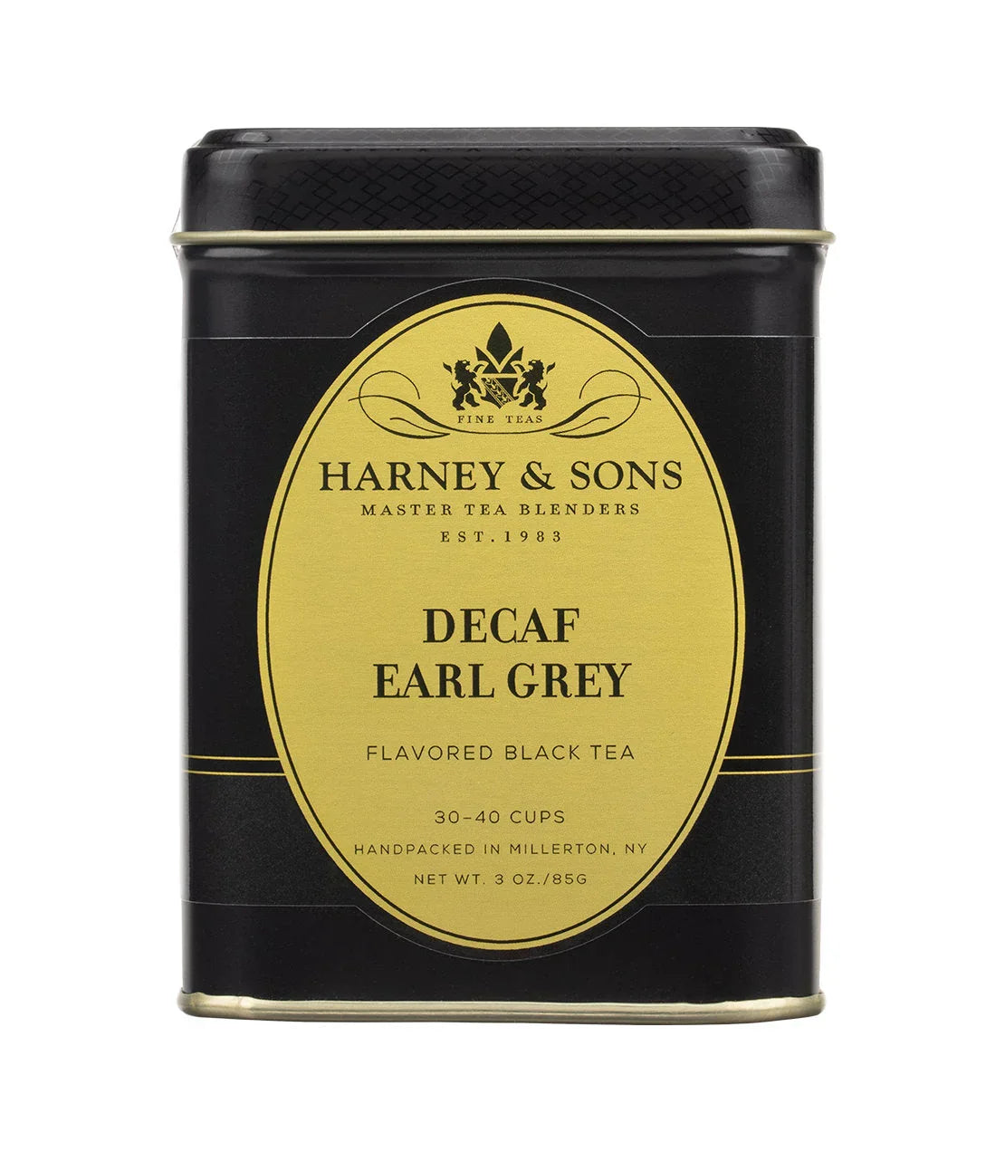Harney & Sons Decaf Earl Grey black tea tin, 3 oz, gold and black packaging