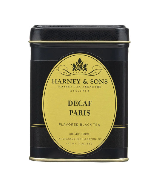 Harney & Sons Decaf Paris flavored black tea 3oz tin with gold and black label