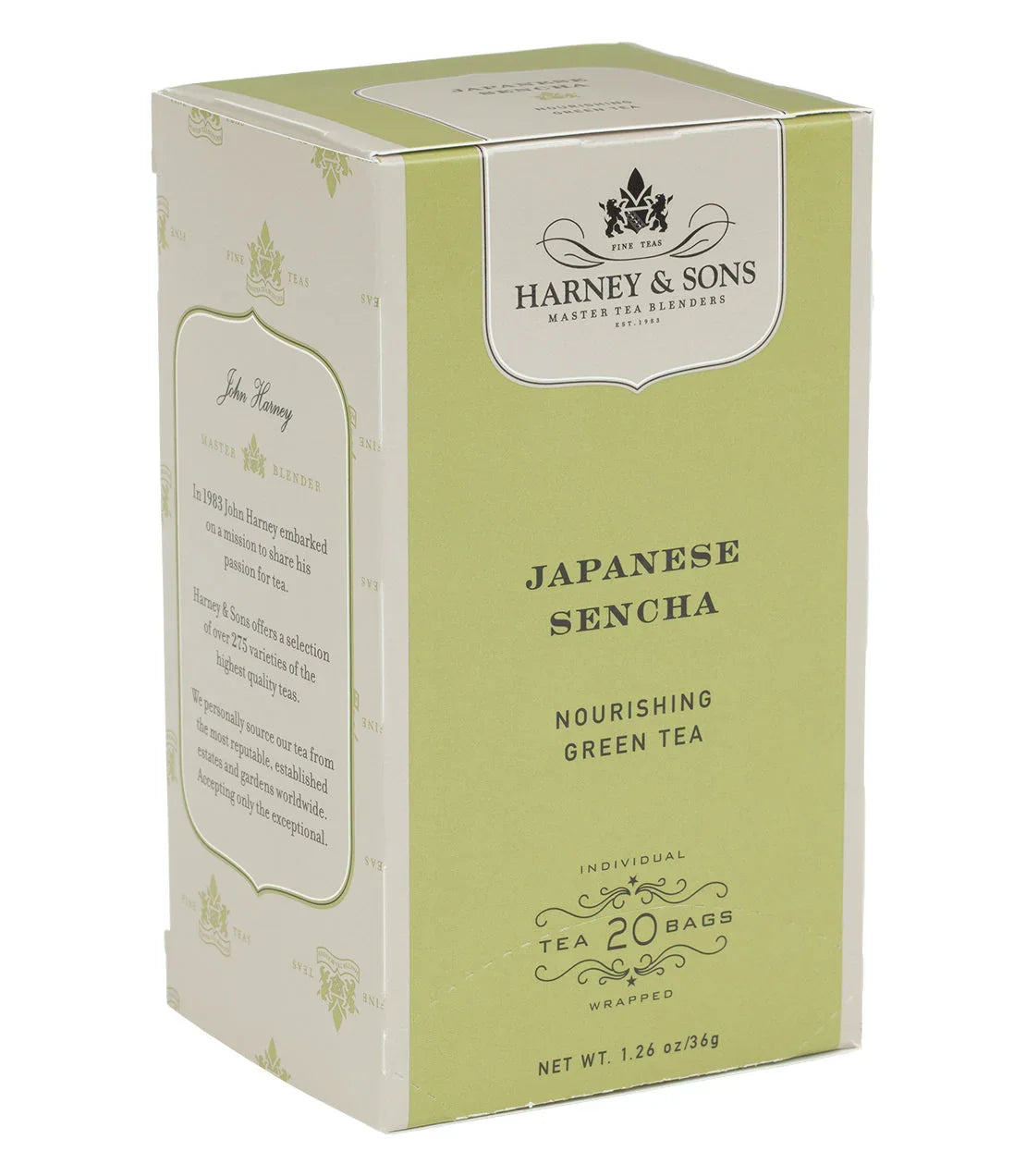 Harney & Sons Japanese Sencha green tea 20-bag box, nourishing premium tea packaging.