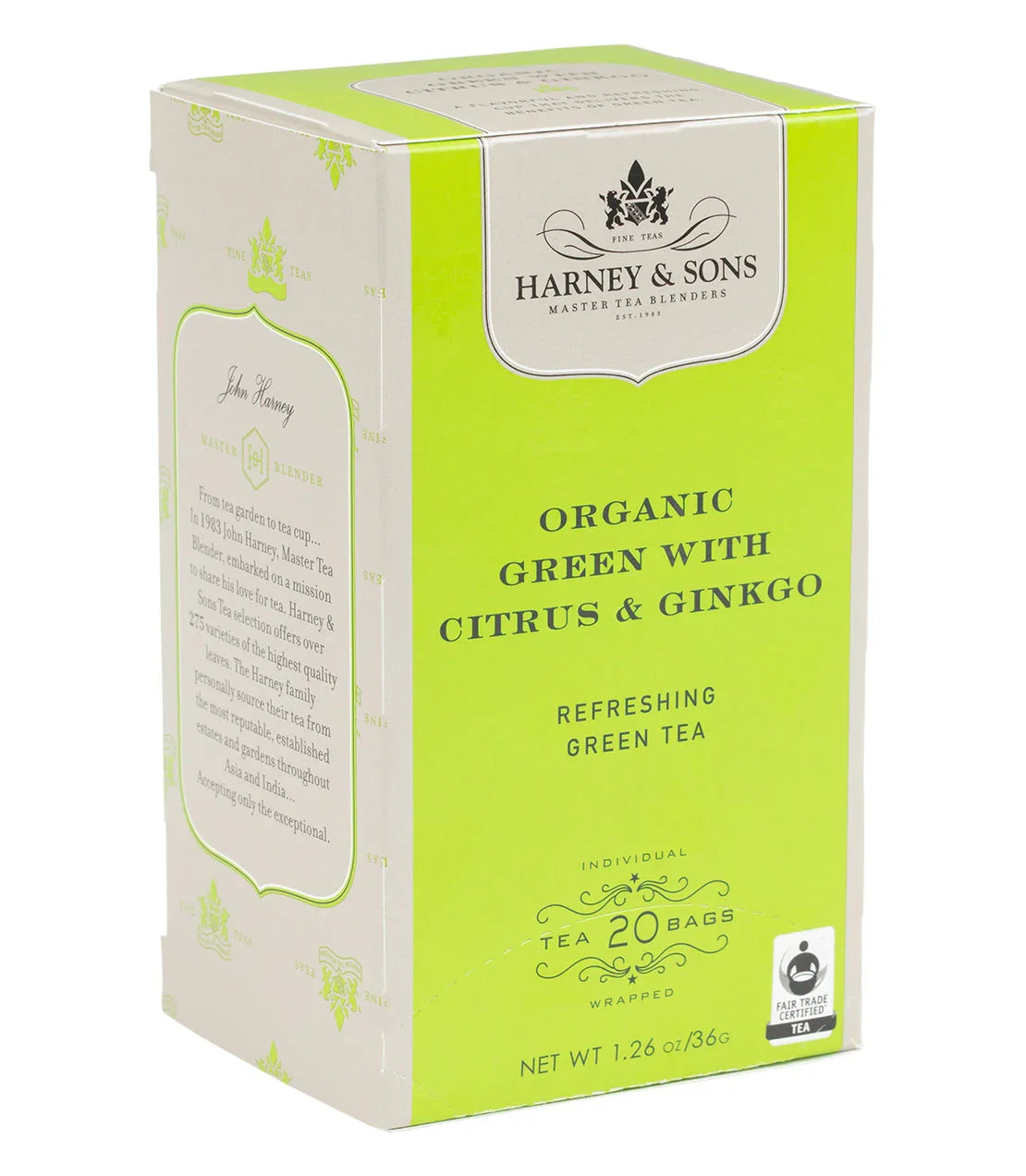 Harney & Sons Organic Green Tea with Citrus and Ginkgo 20 bag box, Fair Trade certified