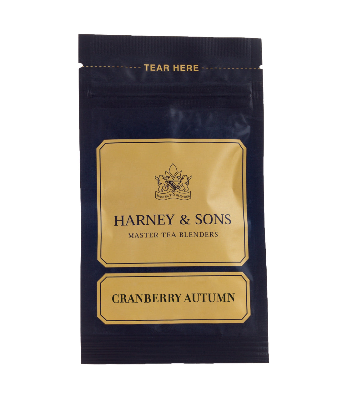 Harney & Sons Cranberry Autumn tea sample bag, gold label on navy pouch.