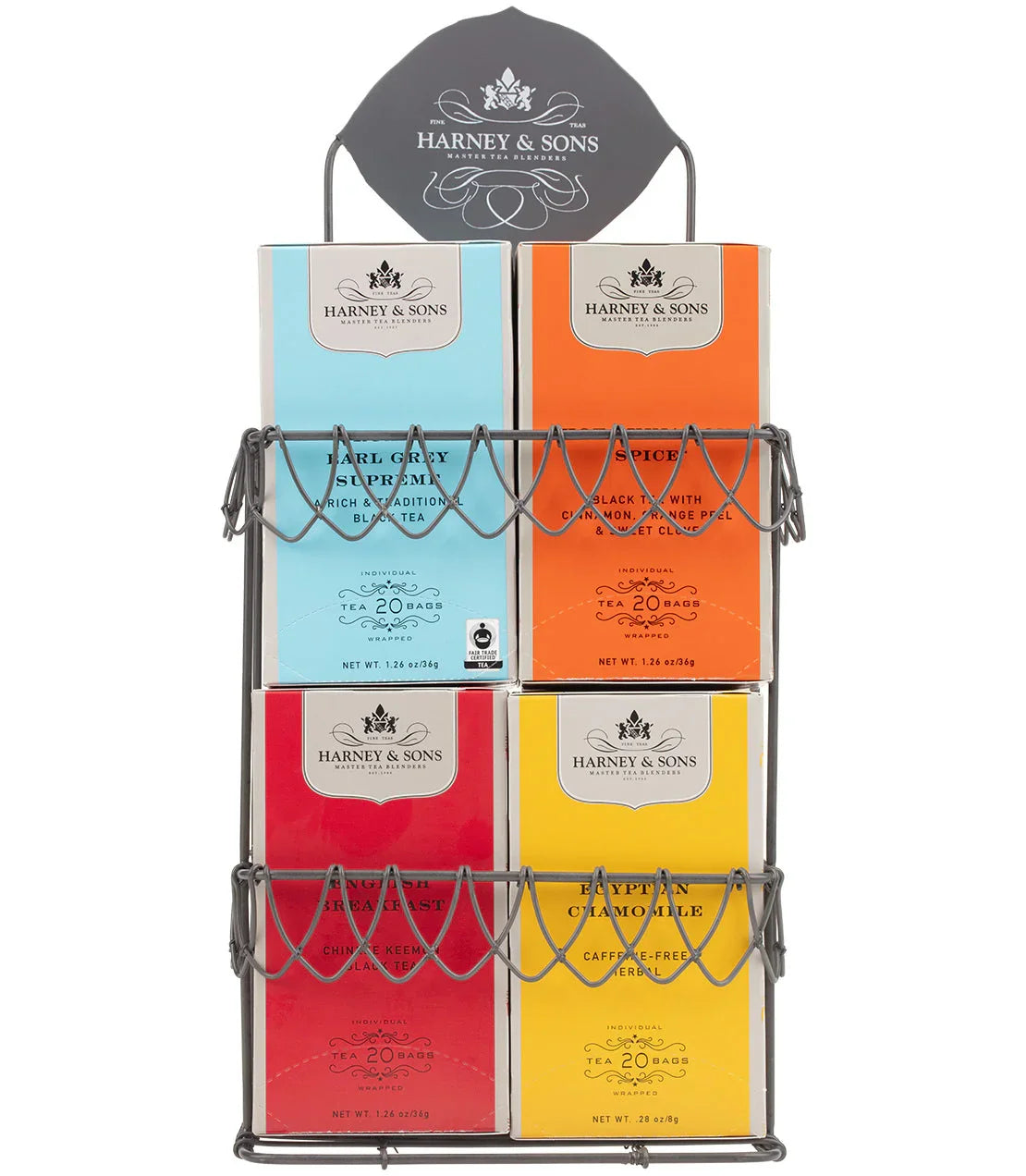 Harney & Sons tea boxes displayed in a 4-slot metal wire rack organizer