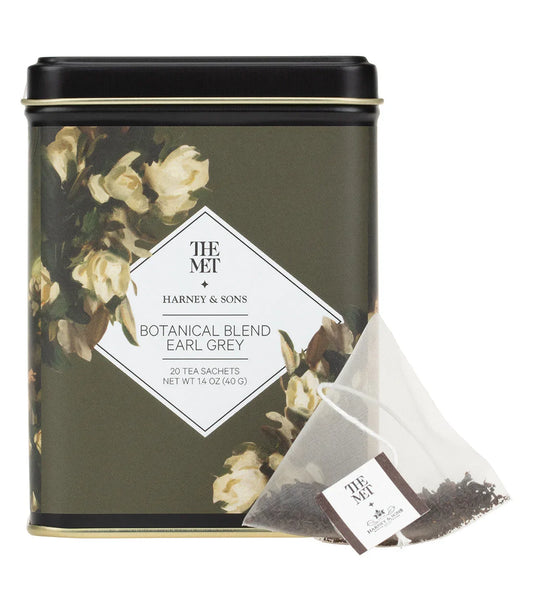 Harney & Sons The Met Botanical Blend Earl Grey tea tin with floral design and tea sachet