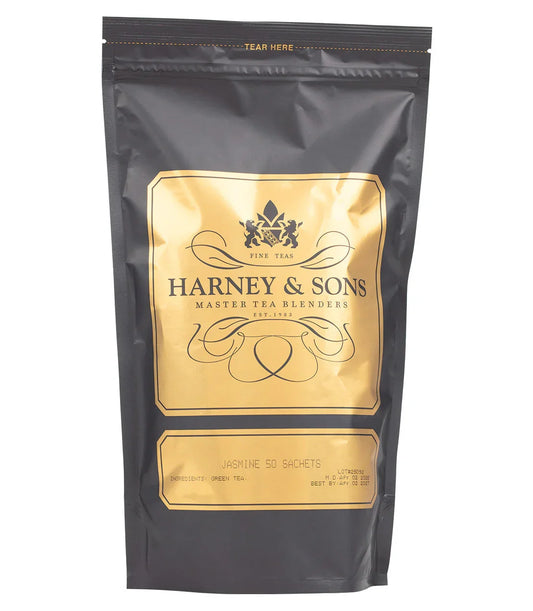 Harney & Sons Jasmine green tea 50 count sachet bag in gold and black packaging