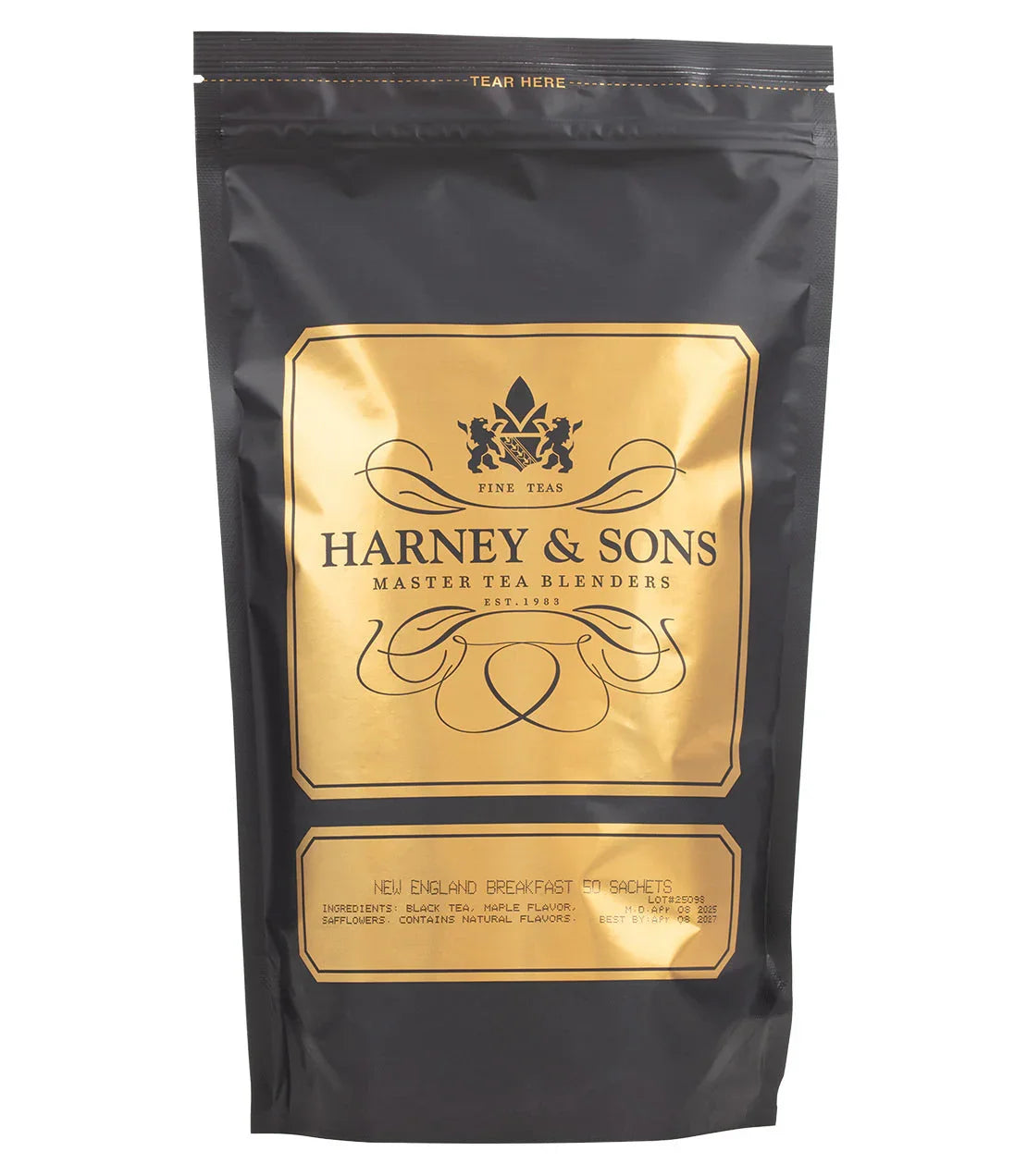 Harney & Sons New England Breakfast tea 50 count sachet bag, black and gold packaging