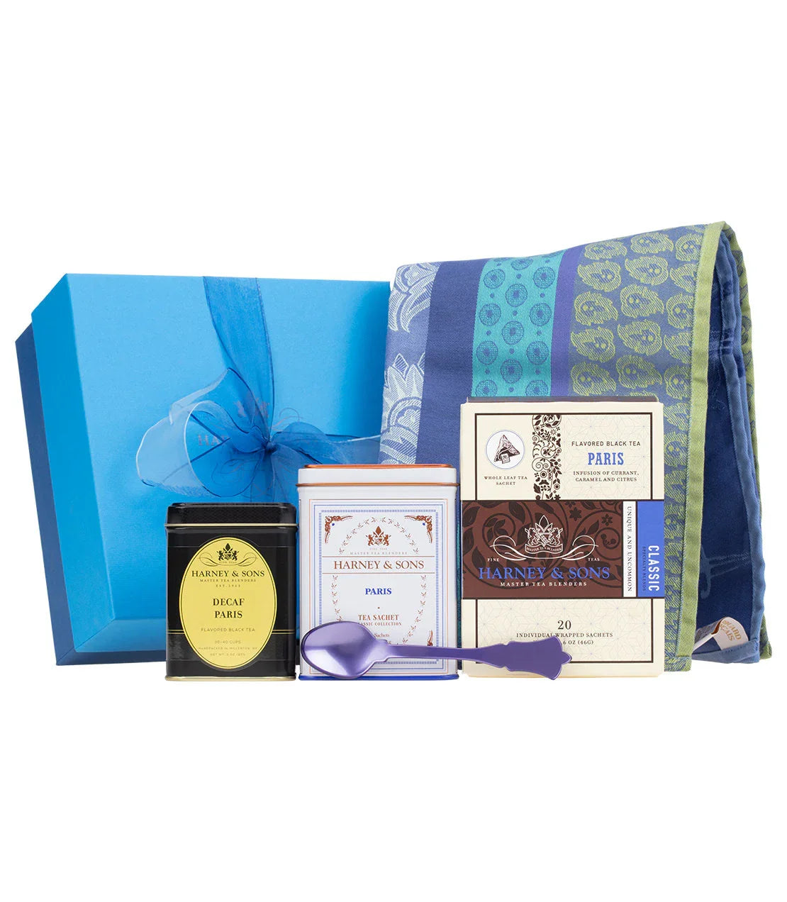 Paris tea gift set with Harney & Sons tea, blue gift box, scarf, and purple spoon