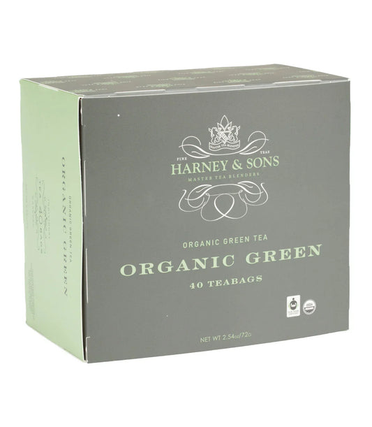 Harney & Sons Organic Green Tea 40 teabags box, gray and green packaging
