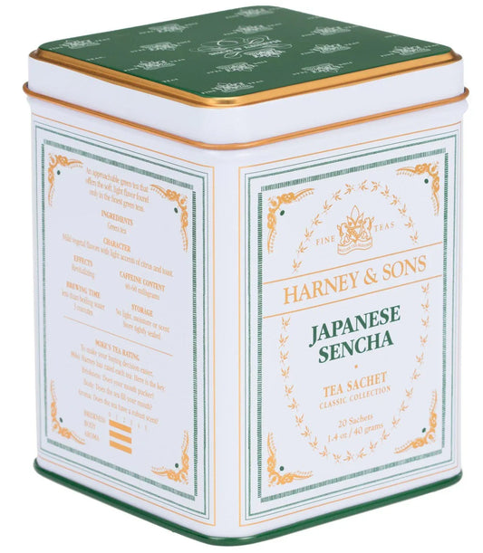 Harney & Sons Japanese Sencha tea sachets tin, classic collection, white and green packaging