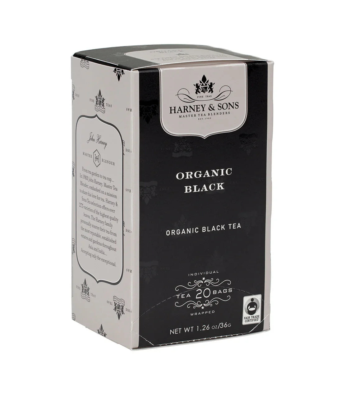 Harney & Sons Organic Black Tea 20-count box, Fair Trade Certified packaging