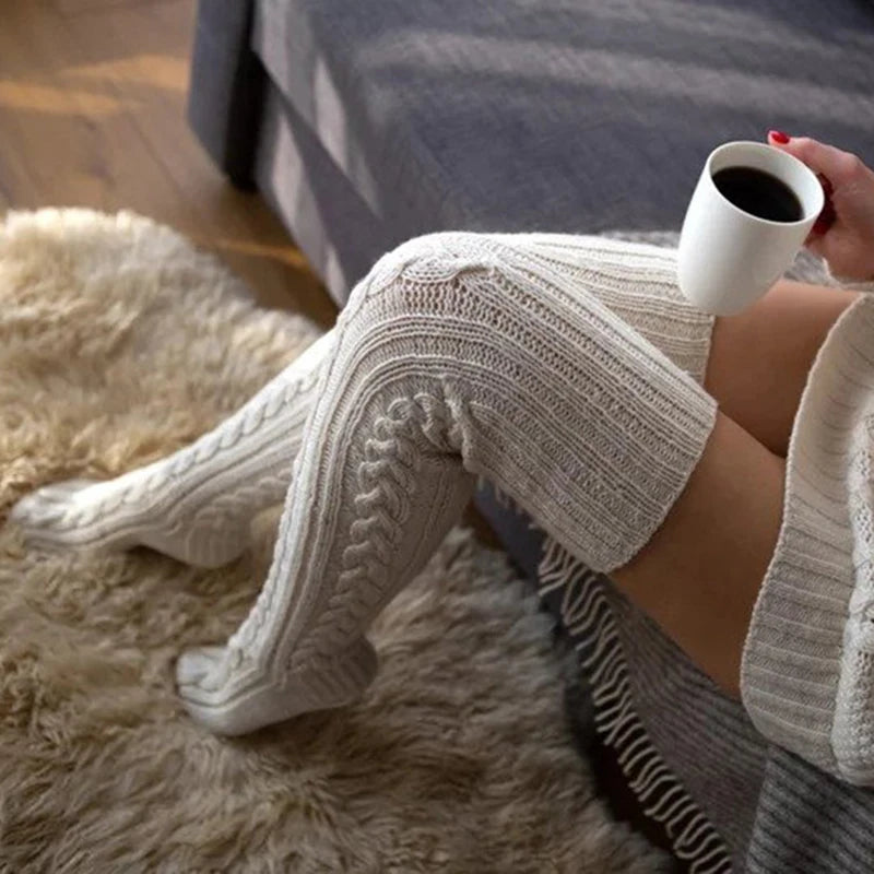 2025 Women's Casual Knitted Thigh High Socks - Thick and Warm Over Knee Stockings for Winter Home Wear, Ideal Christmas Gift