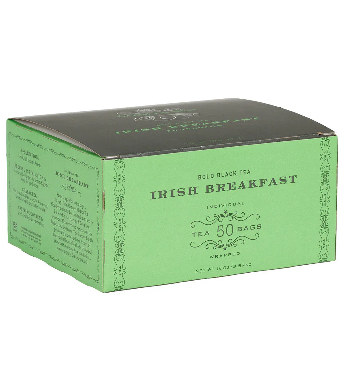 Box of bold black tea Irish Breakfast 50 tea bags, green and black packaging