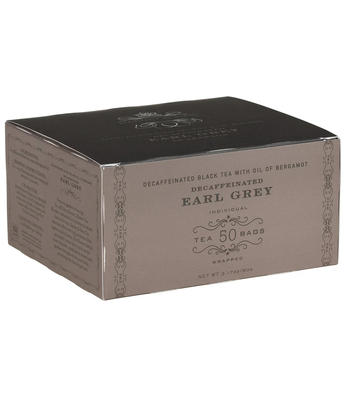 Box of decaffeinated Earl Grey tea bags, 50 count, with elegant black and grey packaging.