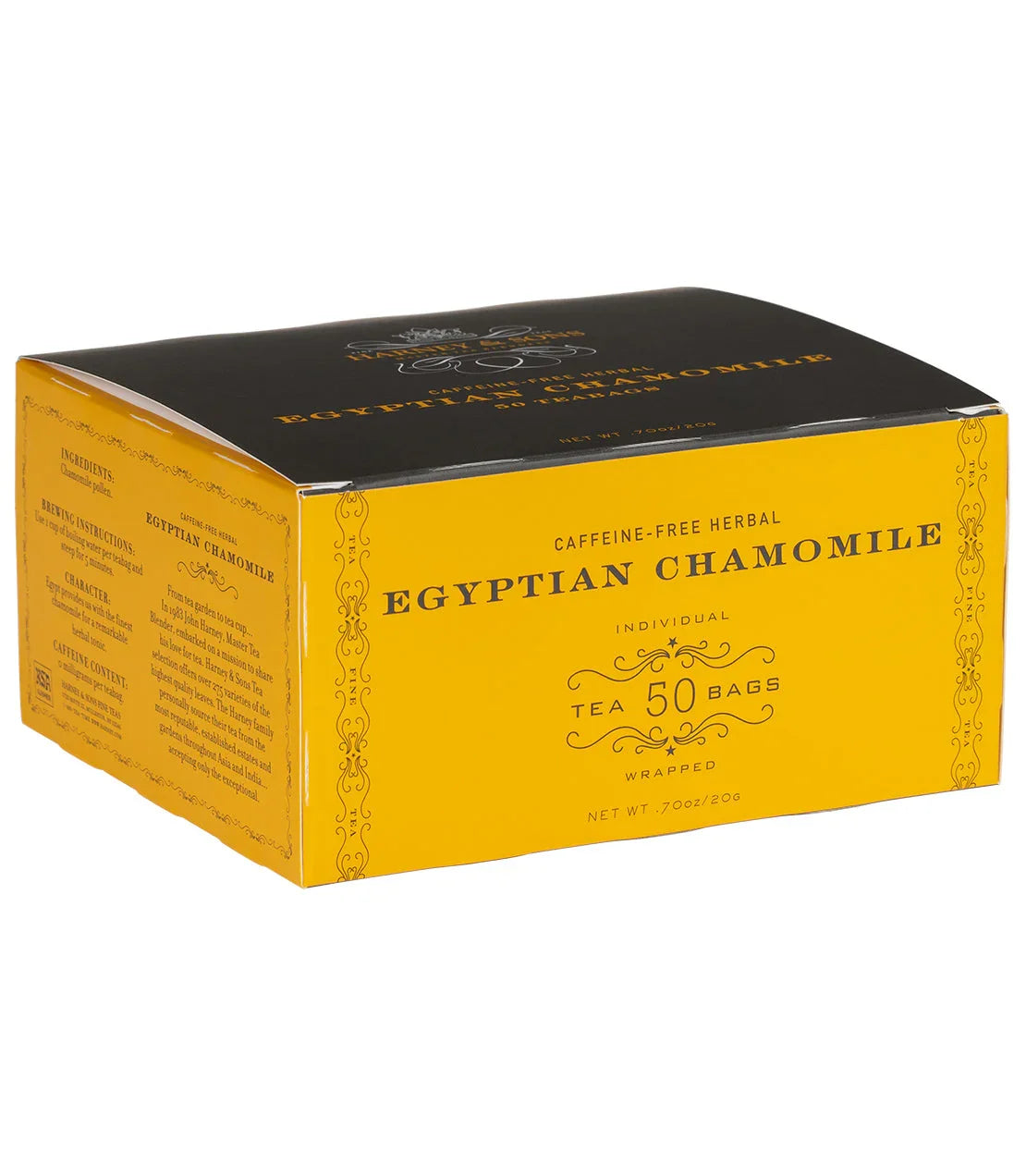 Box of Egyptian Chamomile tea bags, 50 count, yellow packaging, caffeine-free herbal