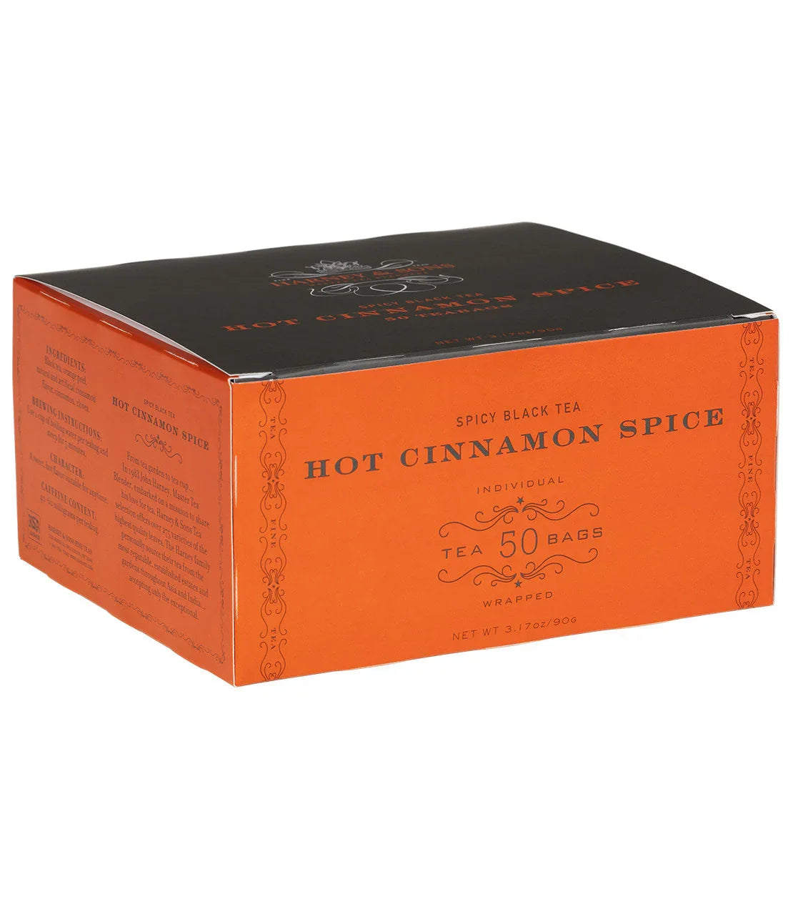 Box of spicy black tea Hot Cinnamon Spice 50 count, orange packaging, front view