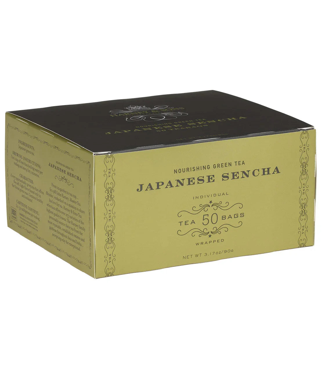 Japanese Sencha green tea 50 count teabag box, olive green and black packaging