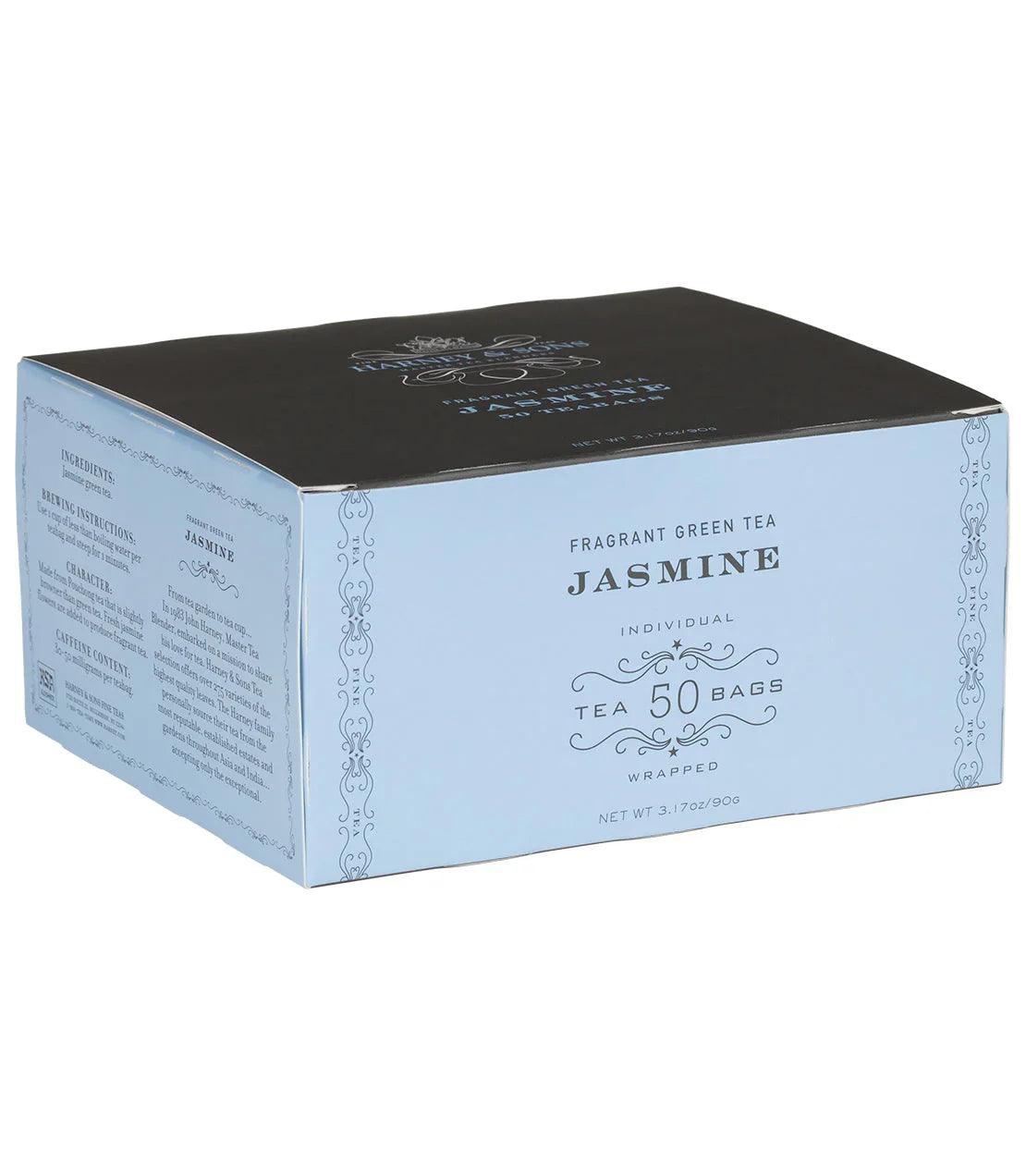 Blue and black box of Jasmine fragrant green tea, 50 individually wrapped teabags