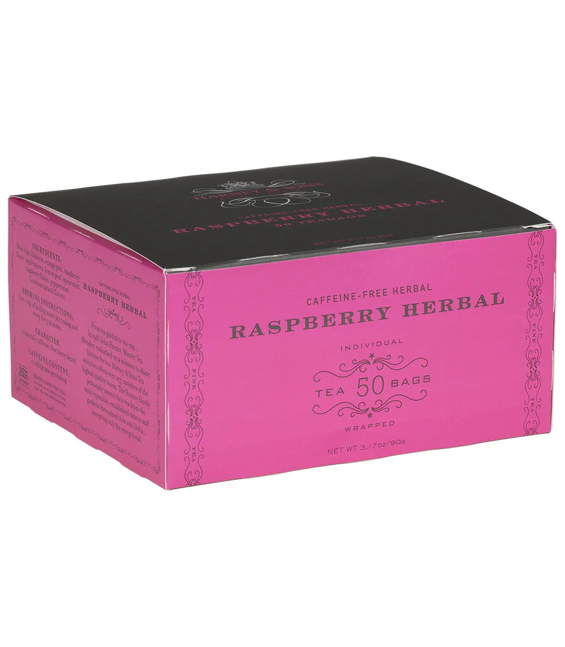 Raspberry Herbal premium tea box, 50 individually wrapped caffeine-free teabags, pink packaging