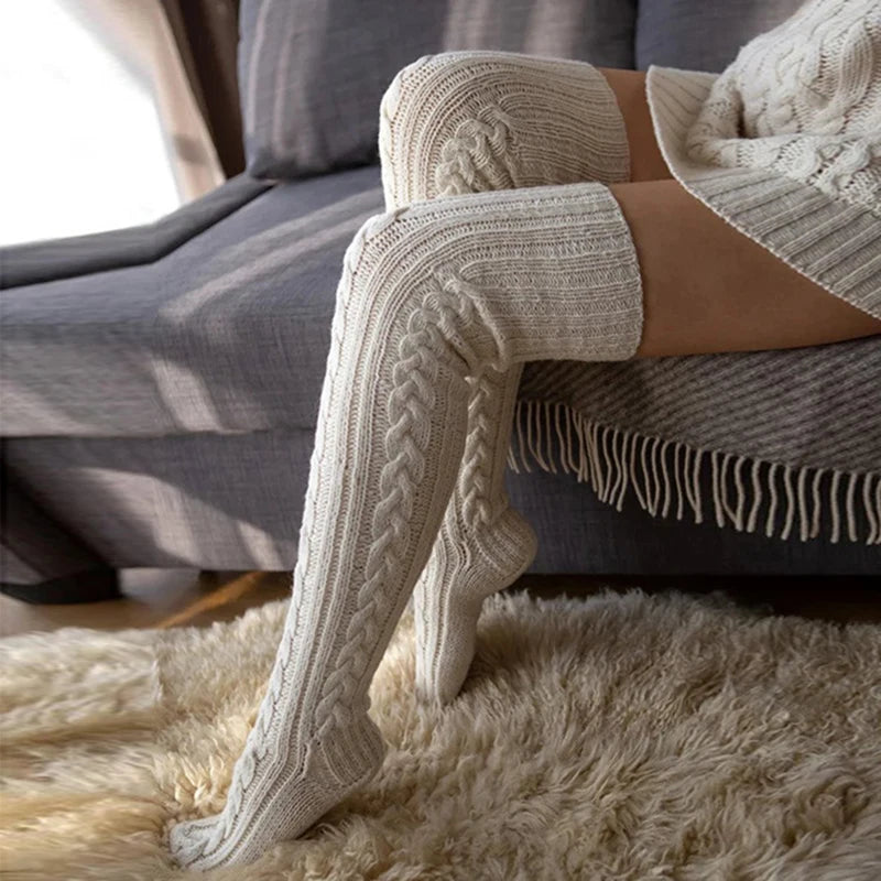 2025 Women's Casual Knitted Thigh High Socks - Thick and Warm Over Knee Stockings for Winter Home Wear, Ideal Christmas Gift