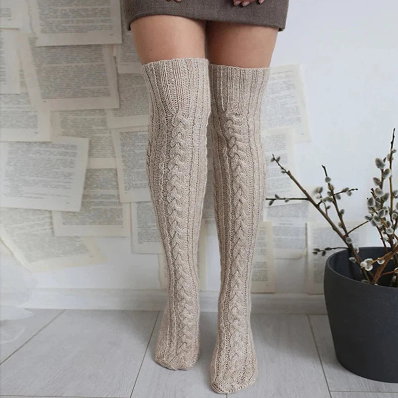 2025 Women's Casual Knitted Thigh High Socks - Thick and Warm Over Knee Stockings for Winter Home Wear, Ideal Christmas Gift