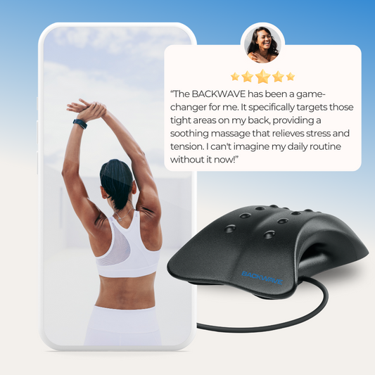 Back massager with a woman stretching and a five-star review on a blue gradient background