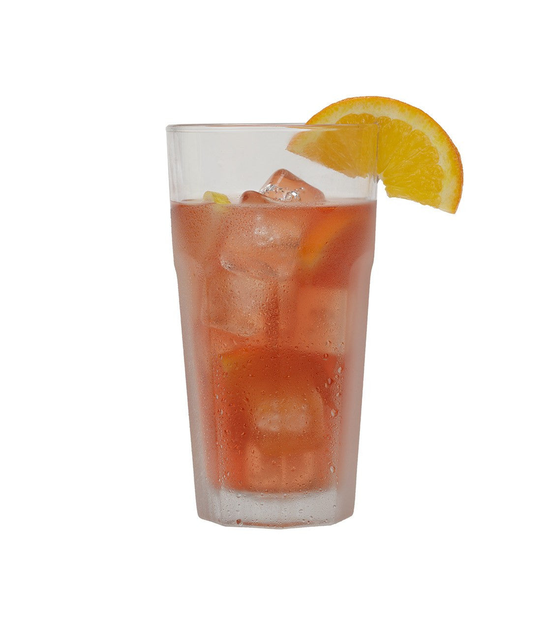 Glass of iced tea with lemon wedge on a white background