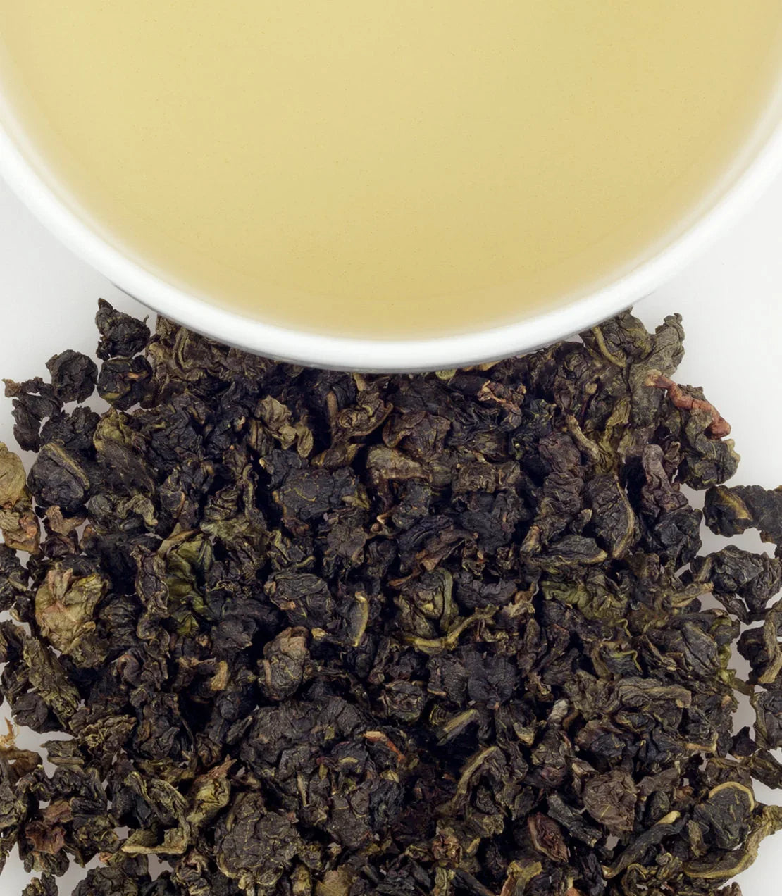 Milky Oolong loose leaf tea with brewed tea in white cup on white background