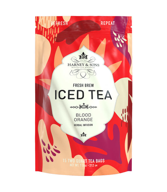 Harney & Sons Blood Orange Iced Tea package with colorful design on a white background