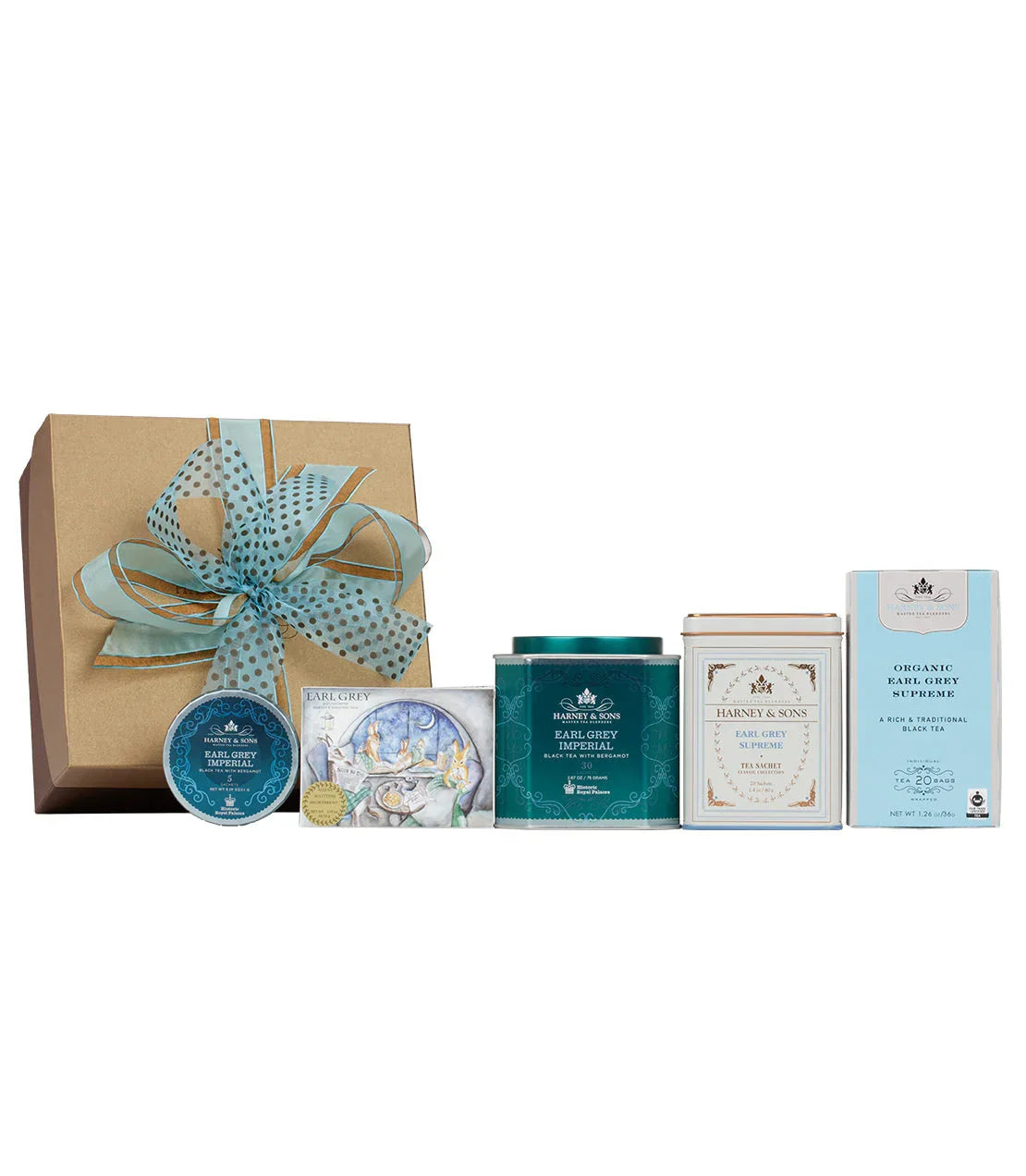 Earl Grey tea gift set with brown box, blue ribbon, and assorted Harney & Sons tea tins