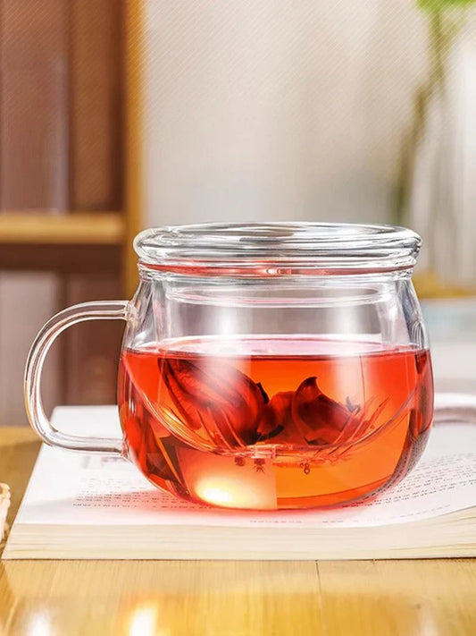 DecorBites™ Glass Floral Tea Cup with Handle, Filter & Lid