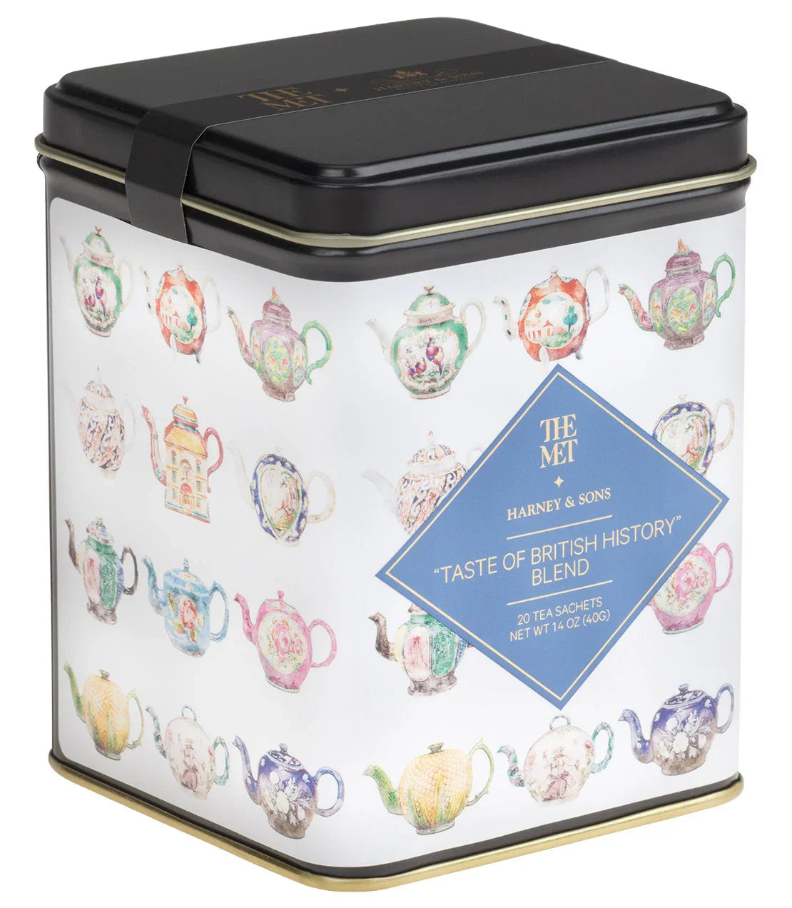Harney & Sons Taste of British History tea tin with colorful teapot illustrations