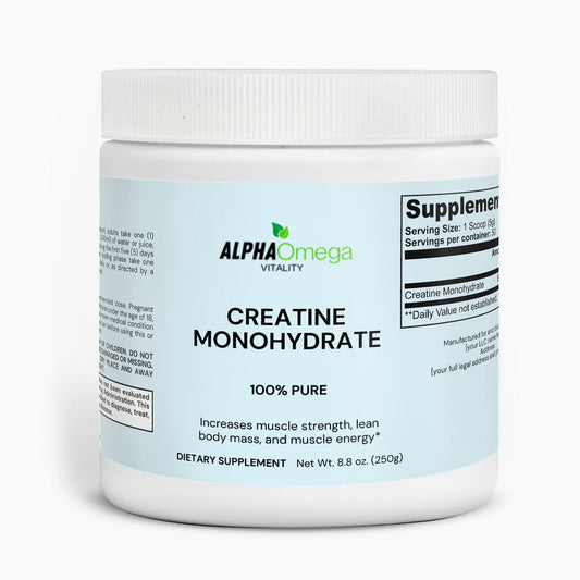 Alpha Omega Pure Creatine Monohydrate supplement white jar with blue label