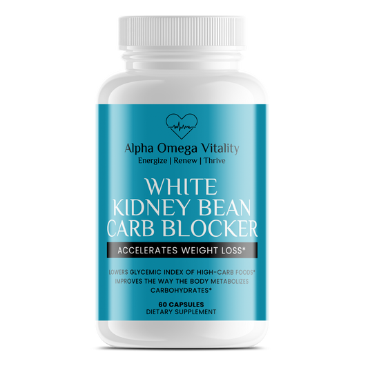 Alpha Omega Vitality White Kidney Bean Carb Blocker supplement bottle, 60 capsules