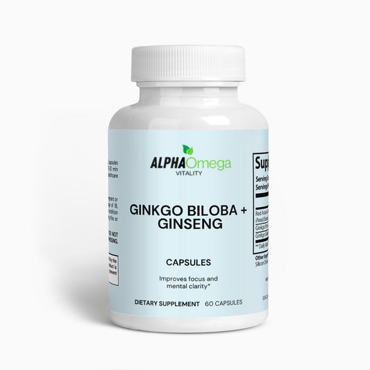 AlphaOmega Ginkgo Biloba and Ginseng capsules bottle, dietary supplement, front view