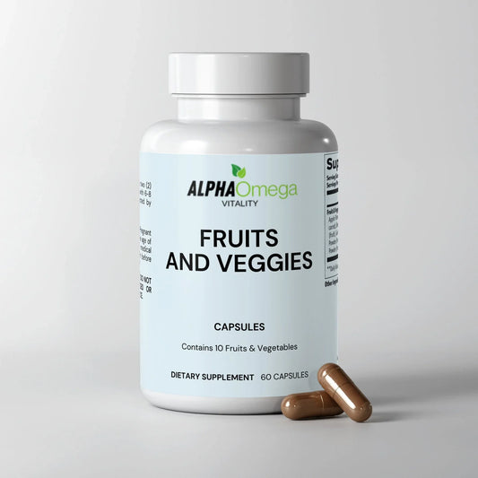 AlphaOmega Fruits and Veggies capsules bottle with two brown dietary supplement capsules