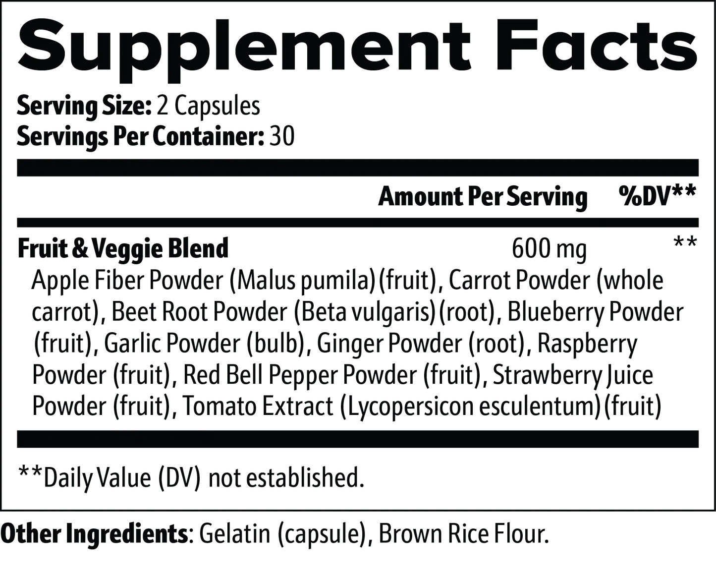 AlphaOmega Fruits and Veggies supplement facts label with ingredients and serving size details.